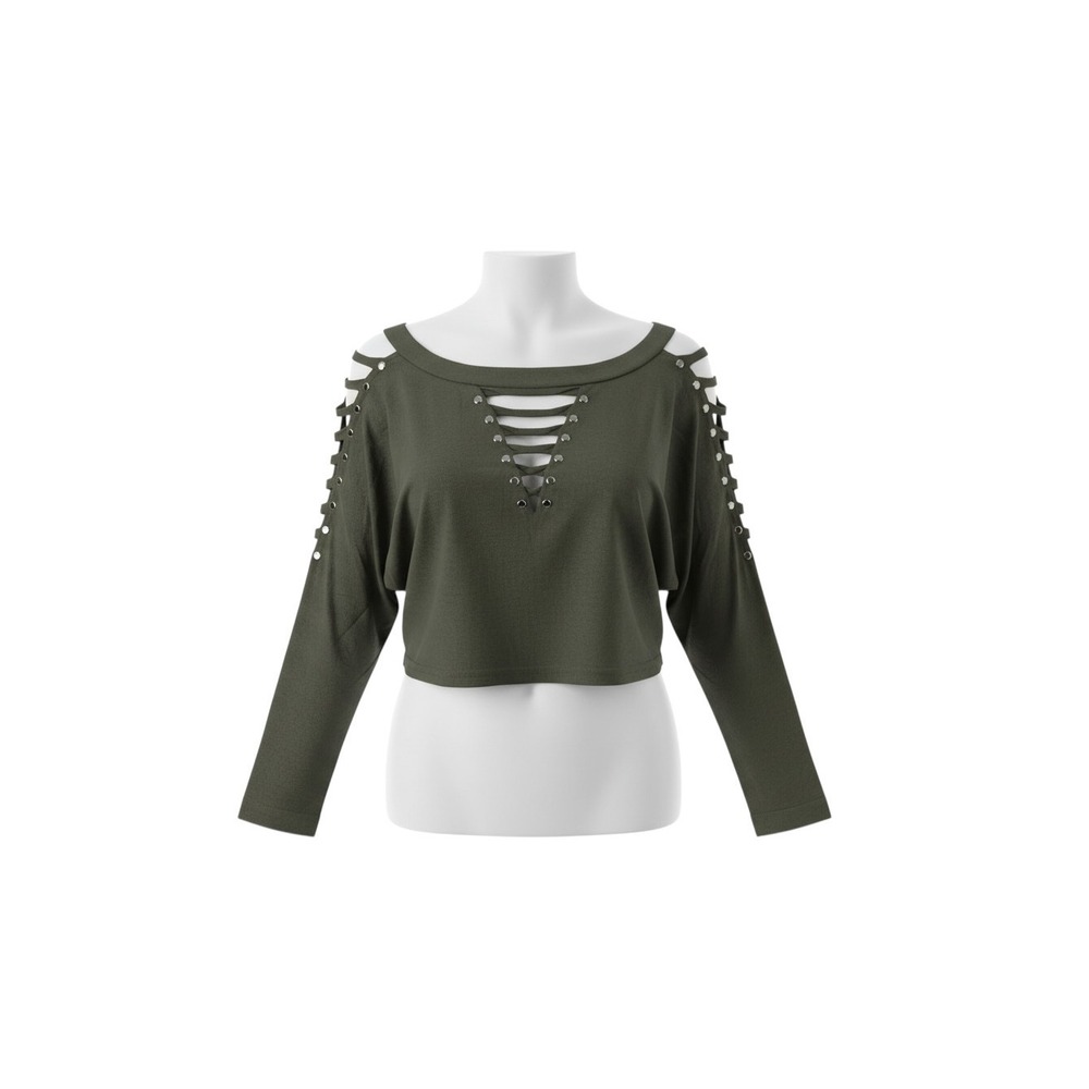 Goodtime Crop Top Womens Medium Olive Green Lattice Cutout Studded Long Sleeve